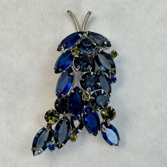 VTG Juliana Silver-Tone Leaf Brooch Blue Green Glass Rhinestone Open Back Pin - Picture 6 of 11